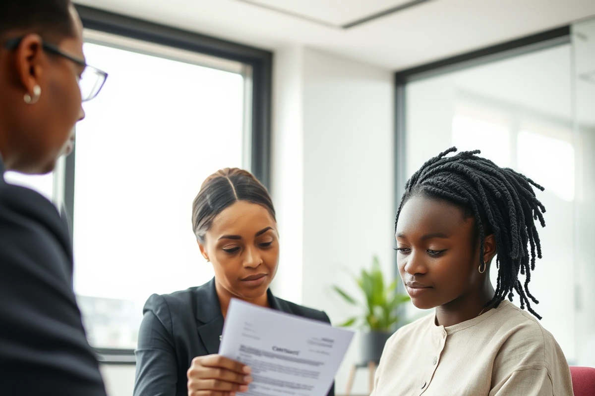 A student carefully reading a contract with an educational consultant in an office.