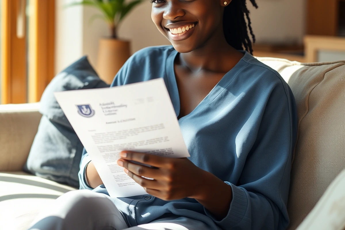 A smiling young Nigerian woman holding an official university admission letter.