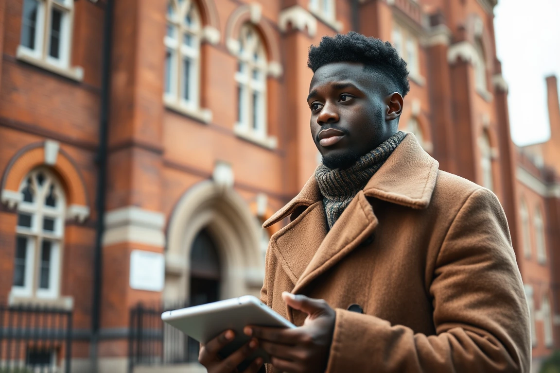 A student holding a tablet outside a British university.