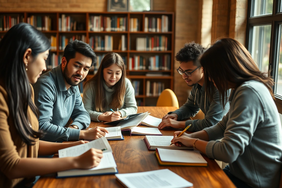 Students studying together in a university library.