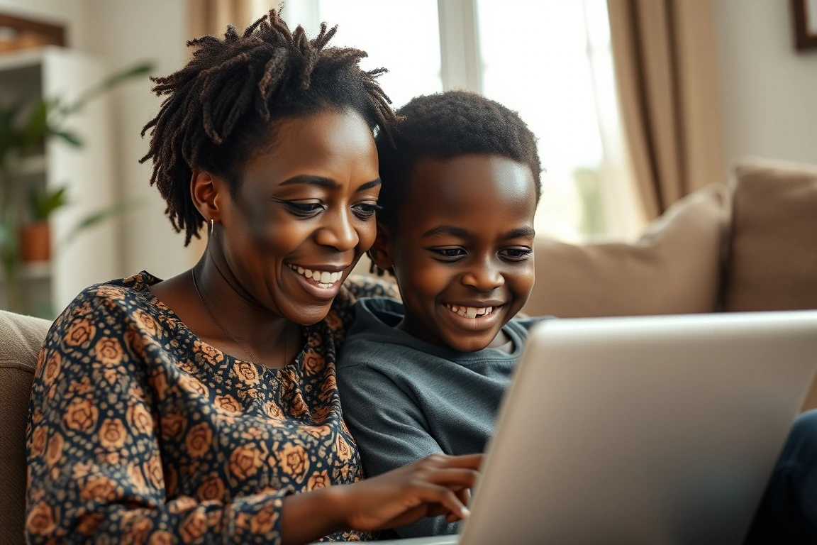 A Nigerian mother and son happily reviewing university admission letters online.