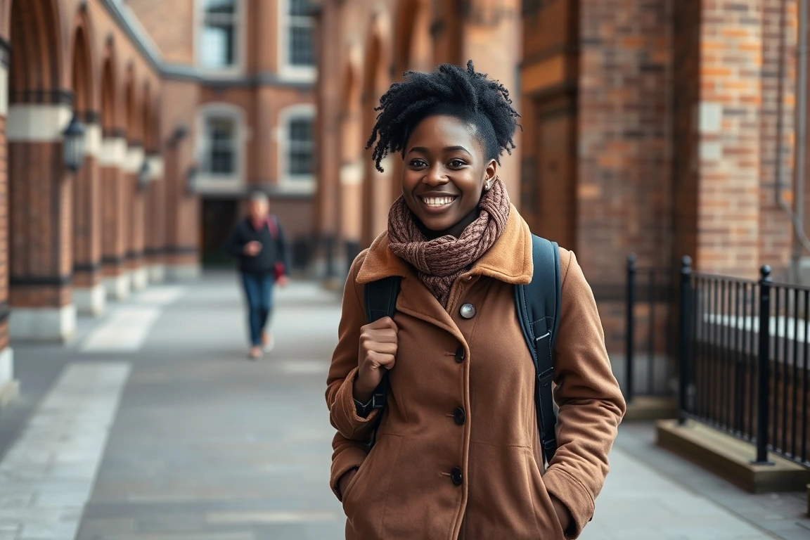 A Nigerian student walking on a UK university campus.