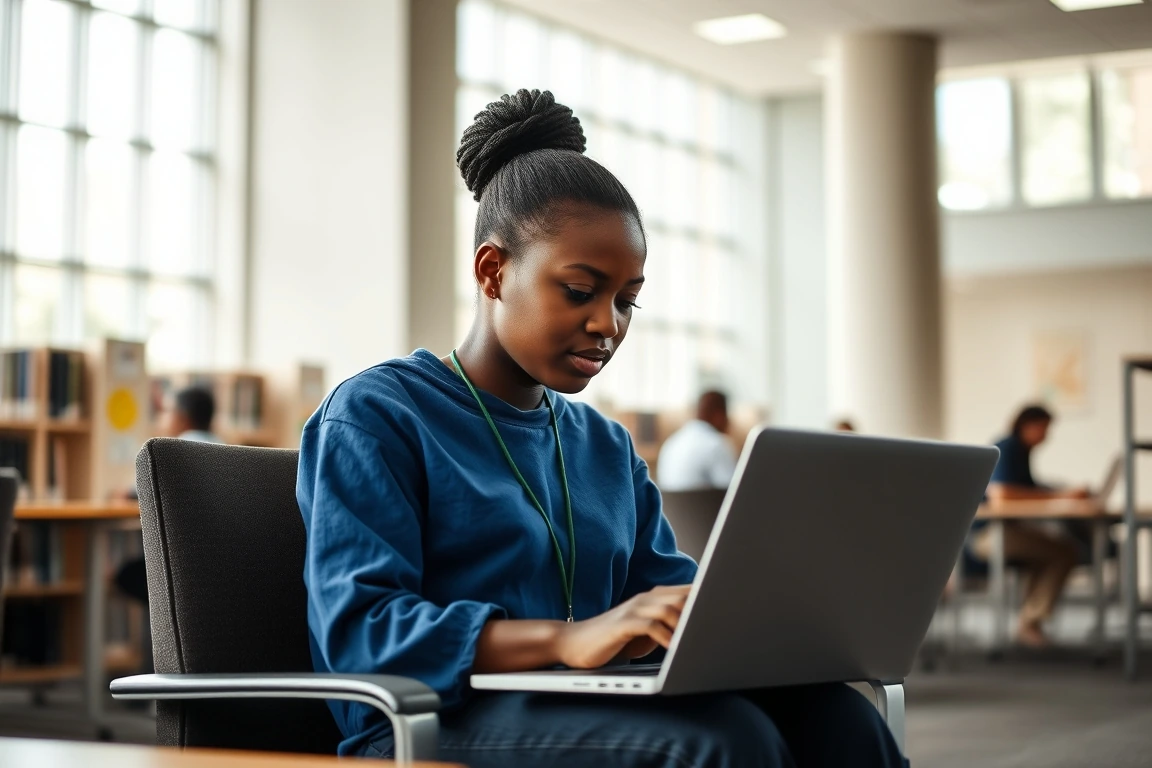 A female student studying in a university library.