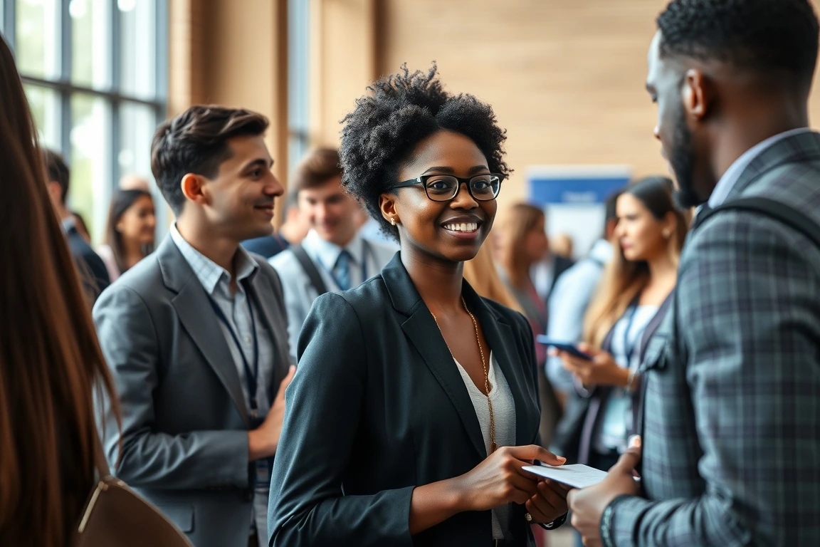 Students interacting with recruiters at a university career fair.
