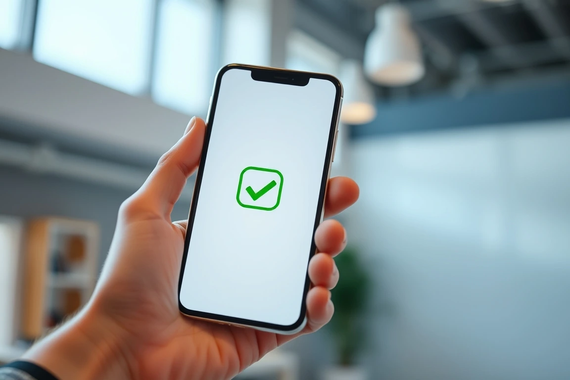 A close-up of a hand holding a phone displaying a green checkmark icon.