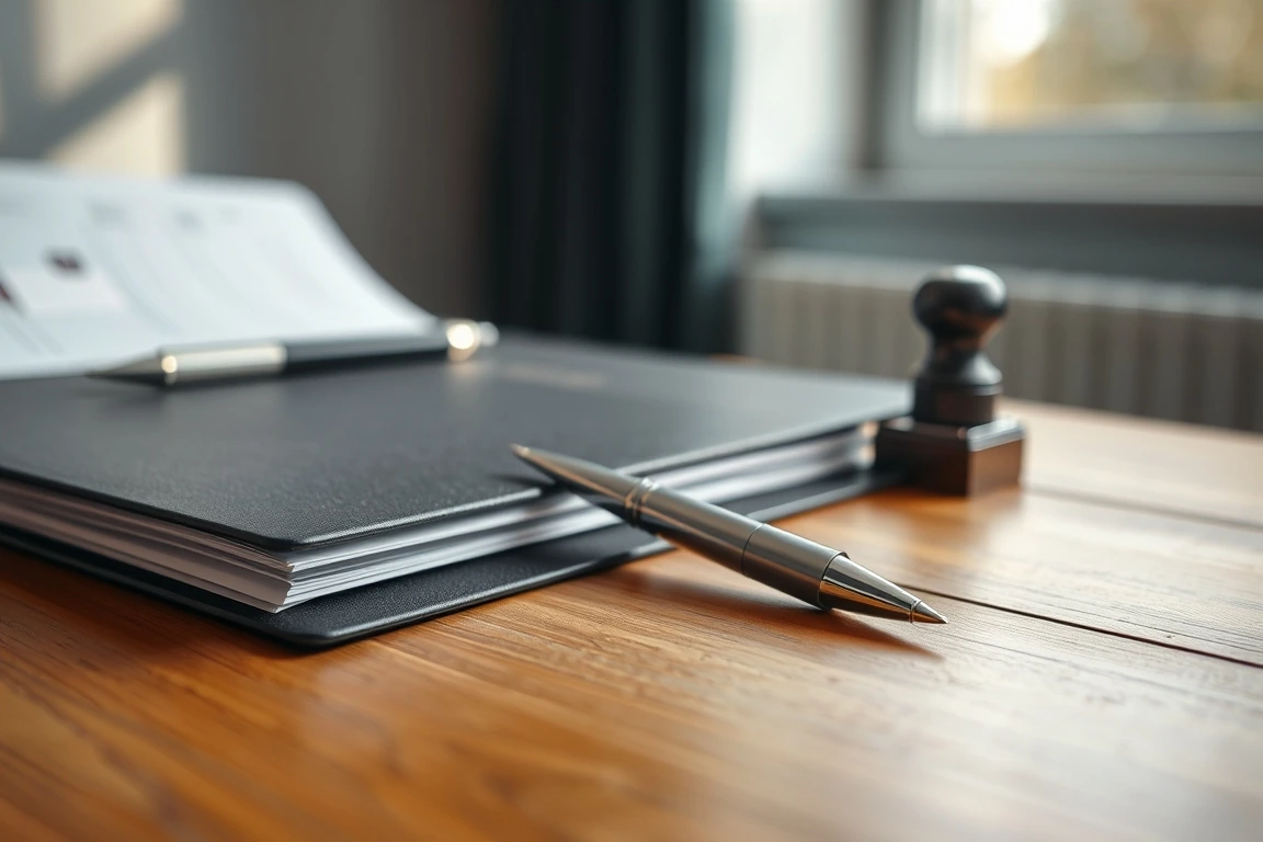 A close-up of a professional desk with a folder, pen, and stamp.