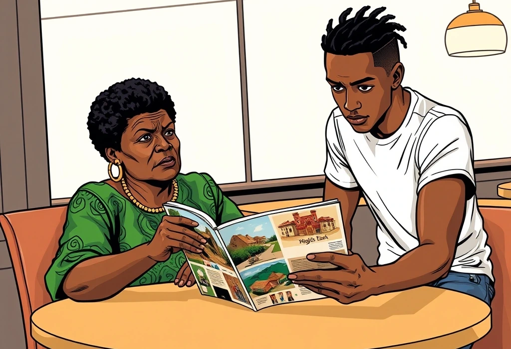A tense meeting in a Surulere café over an urgent study-abroad proposal. — illustration from the story "The Half-Million Naira Mistake"