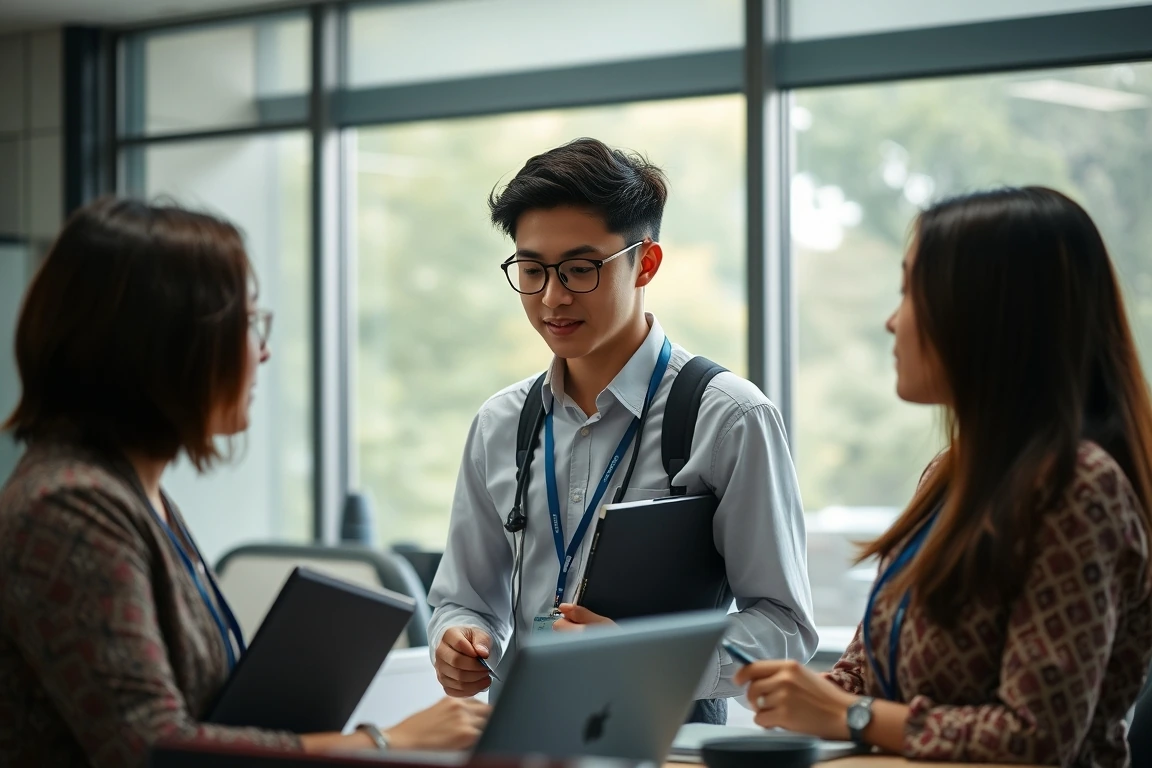 Admissions officers working at a university international desk.