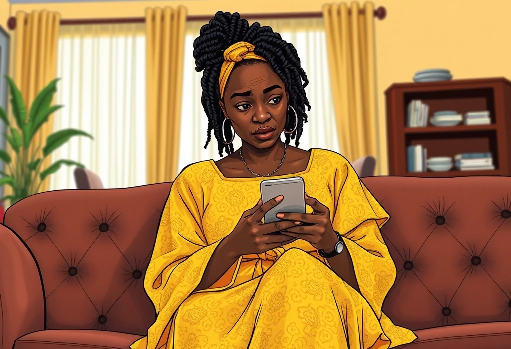 Amina reviews an urgent discount offer sent to her family WhatsApp group. — illustration from the story "The Five Percent Trap"