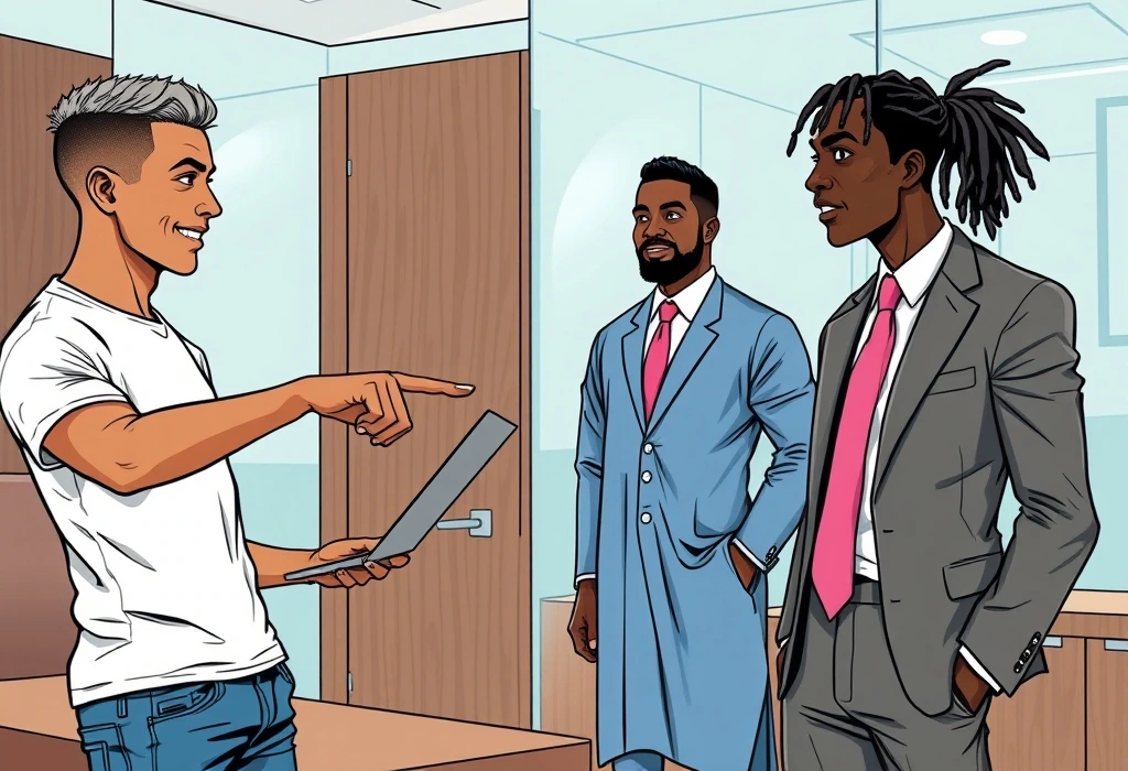 The Agent demonstrates a 'successful' tuition transaction on his laptop. — illustration from the story "The Five Percent Trap"