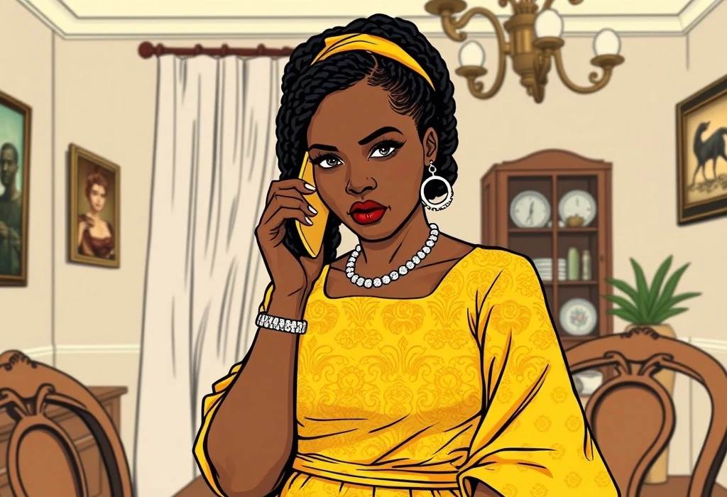 Amina intervenes over the phone, halting the immediate transfer of funds. — illustration from the story "The Five Percent Trap"