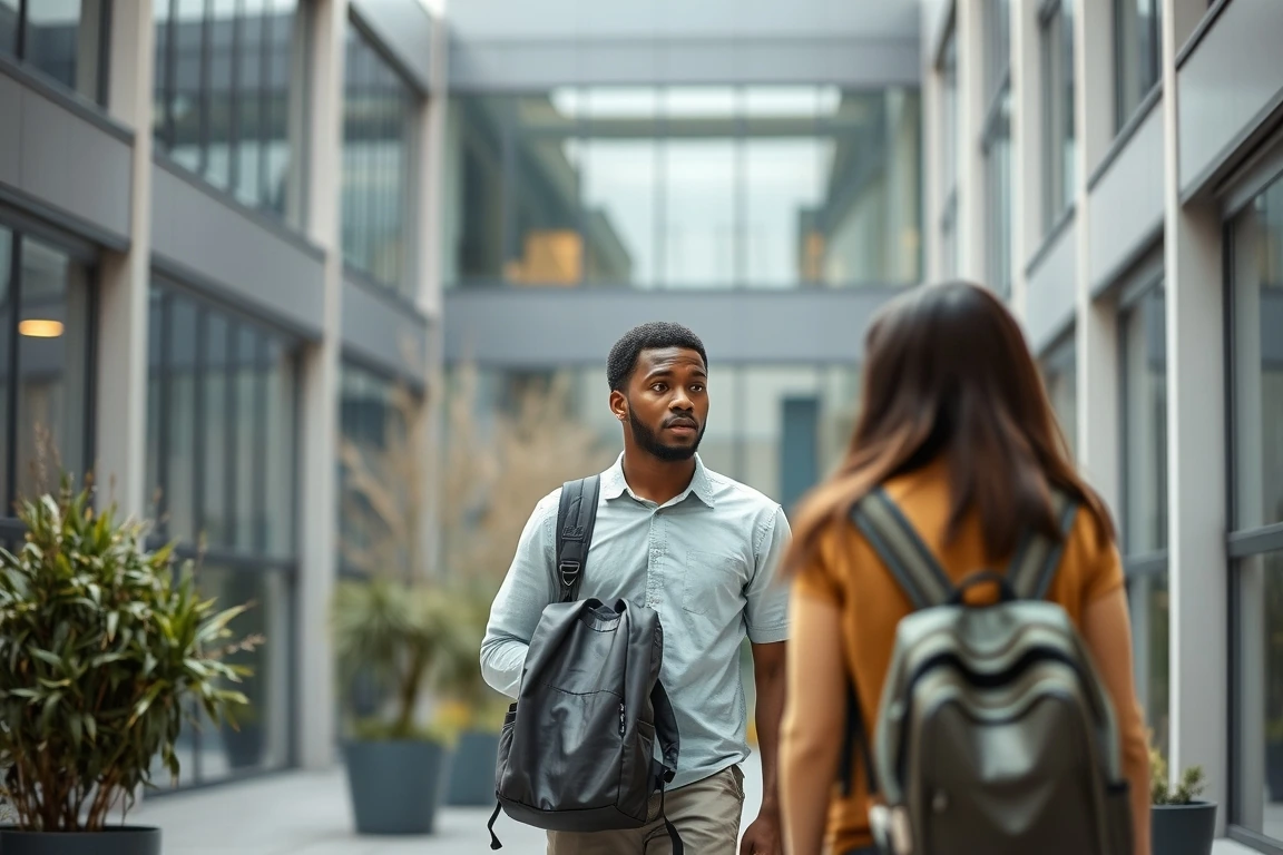 Nigerian student on a modern university campus in Germany.