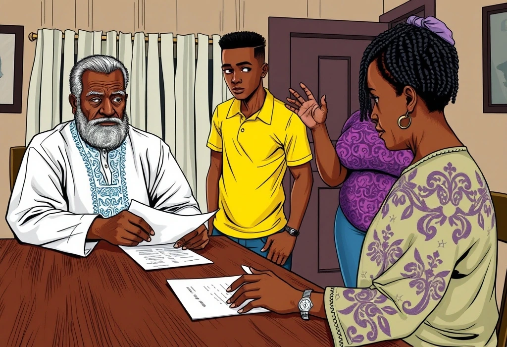 Mr. Adebayo questions the astronomical costs presented in the agent's glossy brochure. — illustration from the story "The Ledger of Truth"