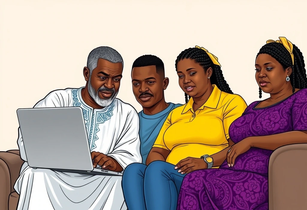 Father and son bypass the agent's claims to research official study routes online. — illustration from the story "The Ledger of Truth"