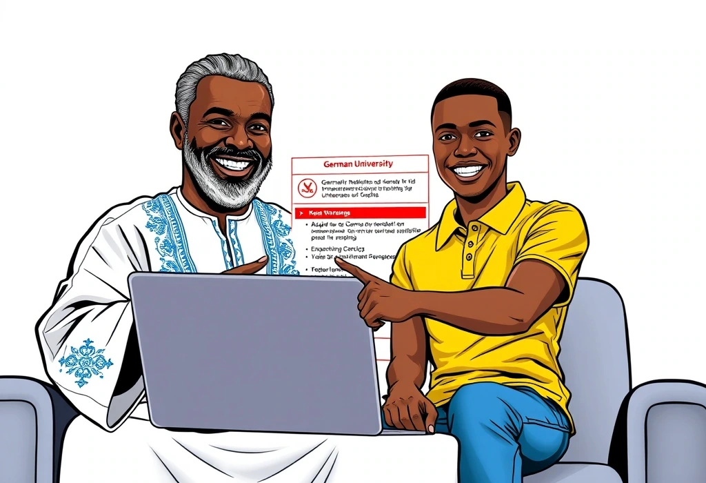 Kunle explains the tuition-free public university system and blocked account security to his father. — illustration from the story "The Ledger of Truth"