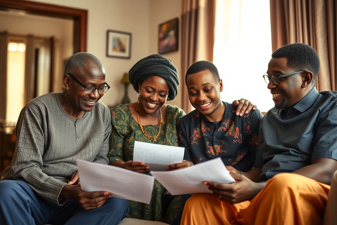 A happy Nigerian family looking at official university admission documents.