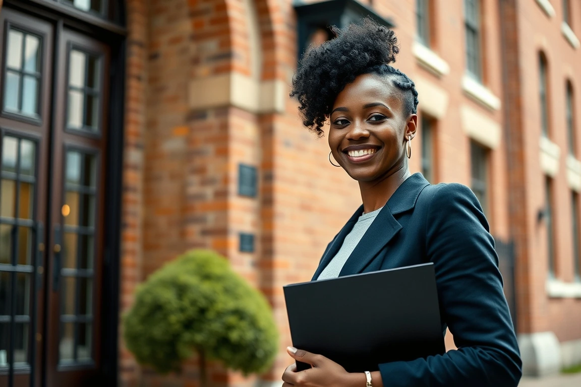 A young Nigerian female student celebrating her arrival at a UK university.