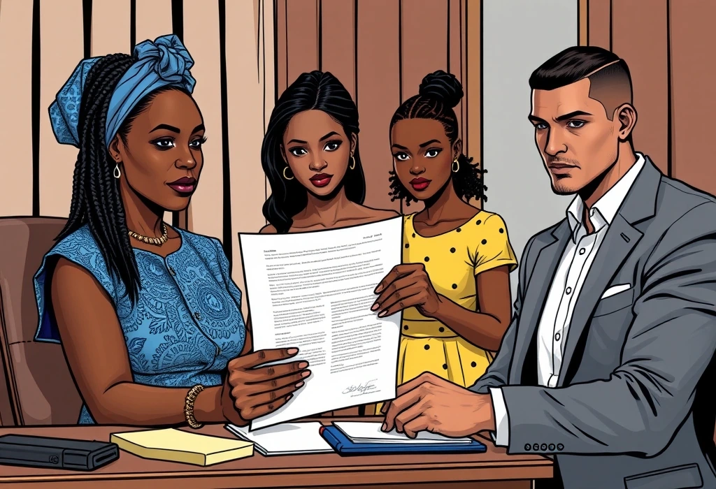 Dhub counsellor Tunde Bakare explains the transparent application process to the Okoyes. — illustration from the story "The Tale of Two Envoys"