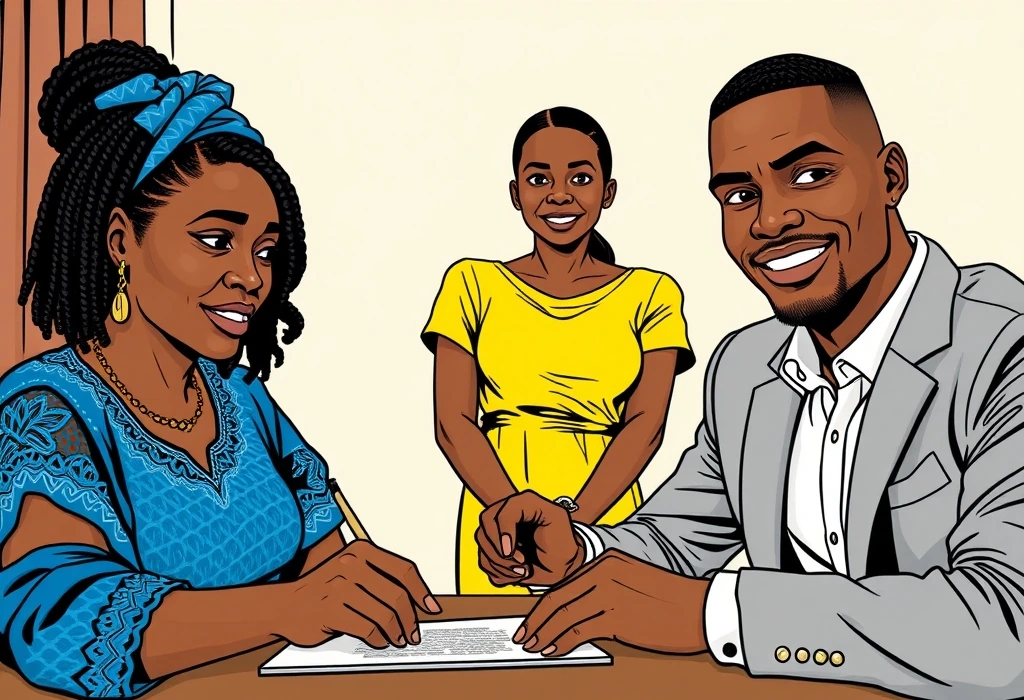 Tunde Bakare reviews the formal, transparent service agreement with Mrs. Ifeoma Okoye. — illustration from the story "The Tale of Two Envoys"