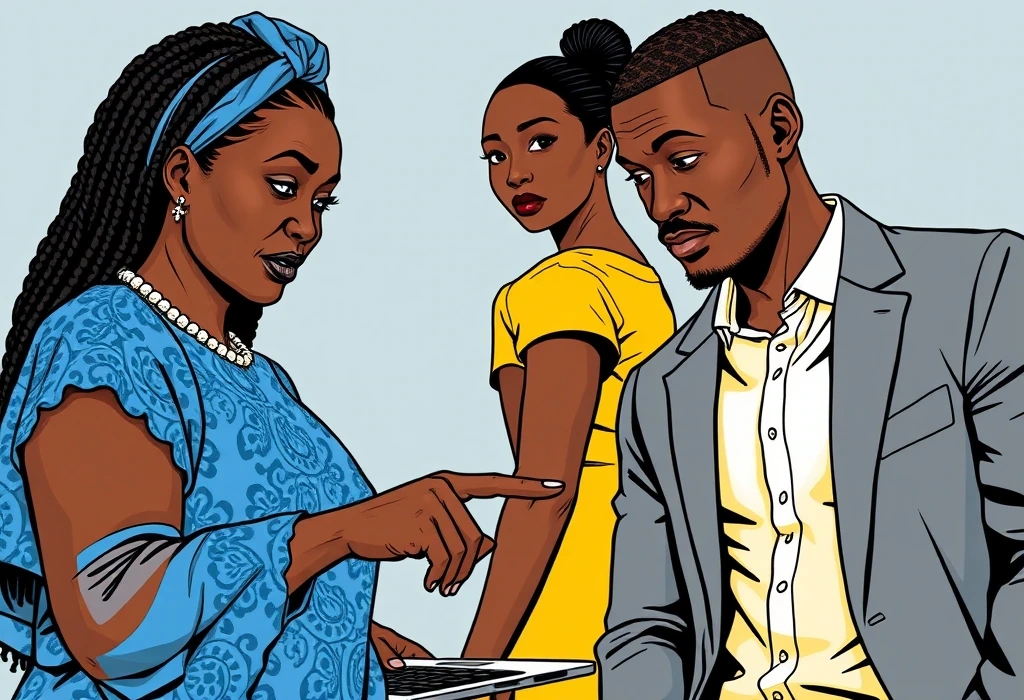Tunde Bakare helps the Okoyes verify Dhub's official university partnership online. — illustration from the story "The Tale of Two Envoys"