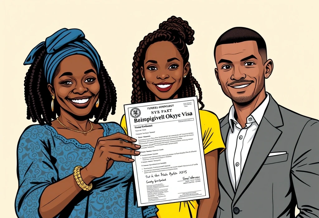 Obiageli Okoye and Mrs. Ifeoma Okoye celebrate her successful UK student visa. — illustration from the story "The Tale of Two Envoys"