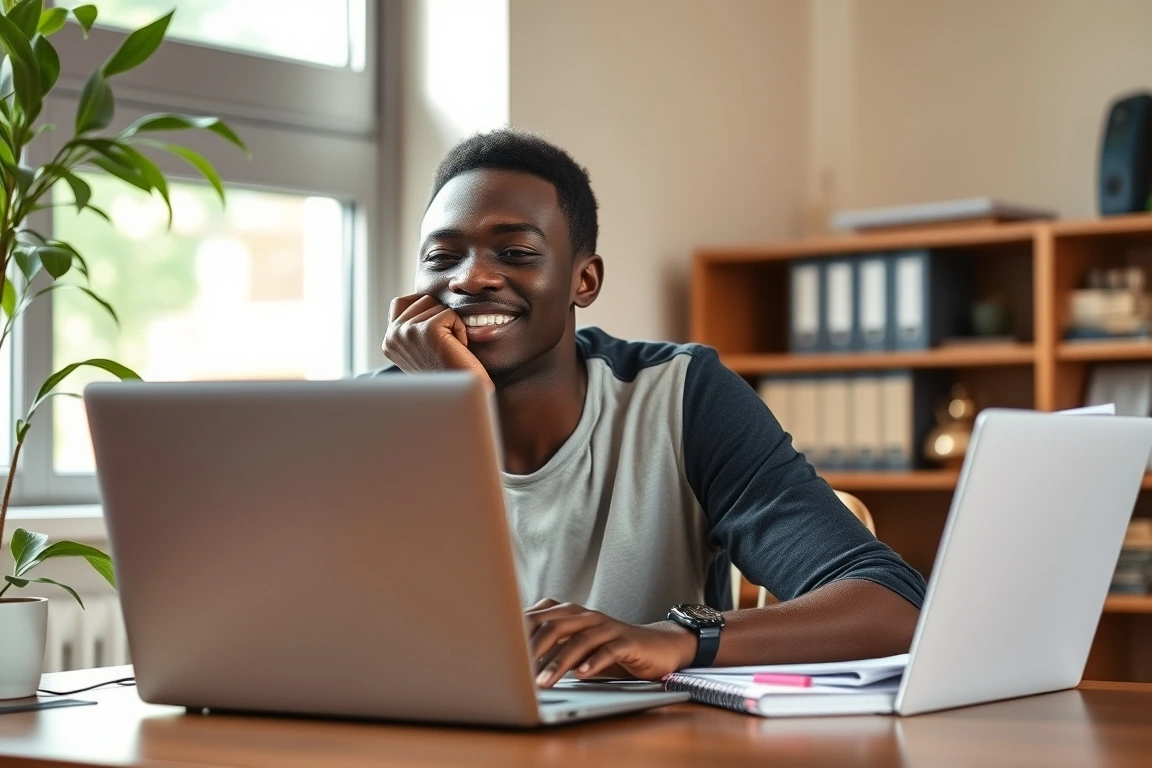 A young Nigerian student looking relieved at his desk