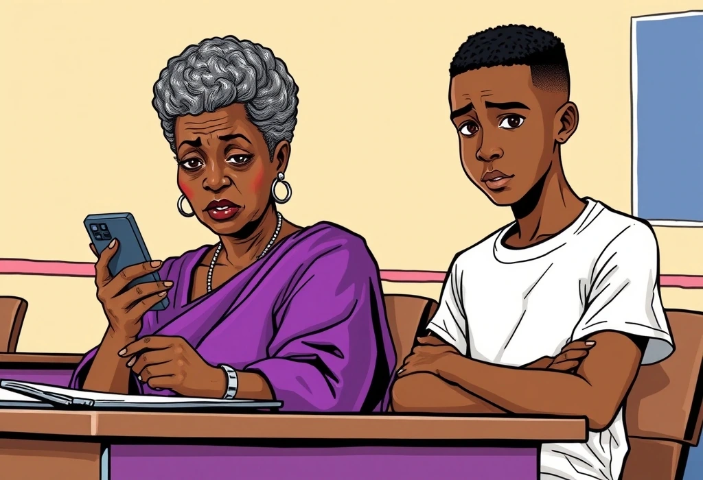 Mrs. Funmilayo Adebayo and her son Tobiloba panic over a strange payment notification. — illustration from the story "The Payment Link Panic"