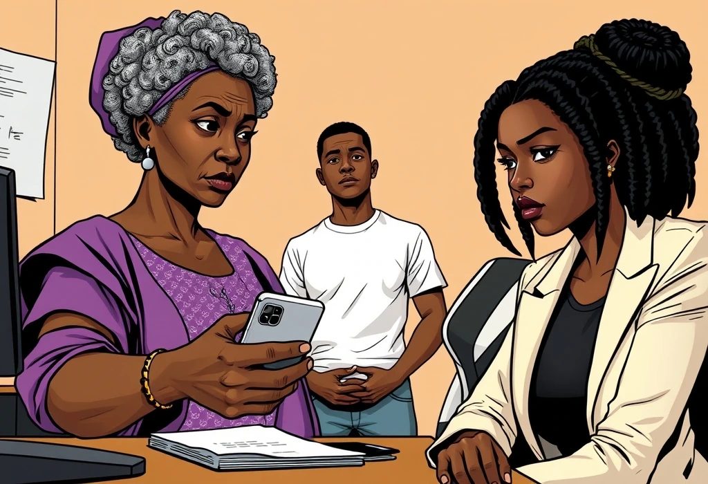 Mrs. Funmilayo demands answers from Amina Yusuf at the Dhub Education office. — illustration from the story "The Payment Link Panic"