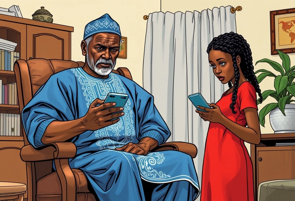 Mr. Festus Balogun receives a suspicious UK study broadcast on the family group. — illustration from the story "The Scrutiny at the Border"