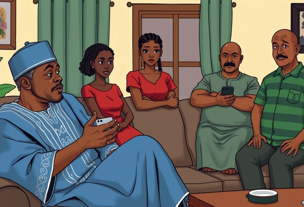 Uncle Kola attempts to convince Festus to trust the unverified agent's bypass scheme. — illustration from the story "The Scrutiny at the Border"