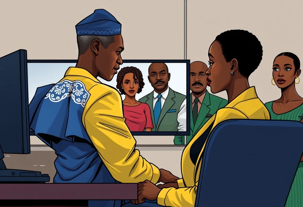 Mrs. Kemi Adelaja joins the family discussion to explain the strict Home Office rules. — illustration from the story "The Scrutiny at the Border"