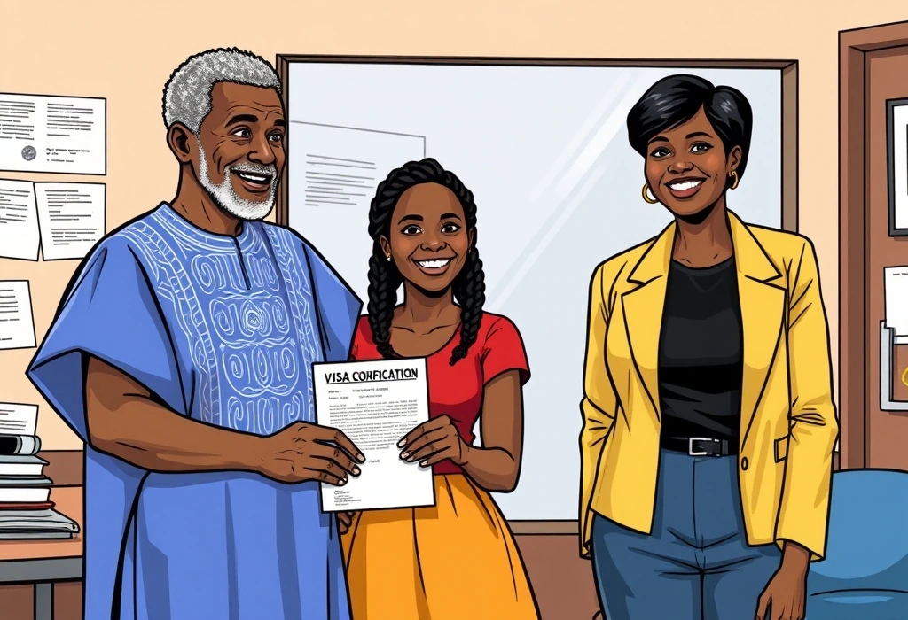 Tolani and Festus celebrate her successful, fully verified UK student visa approval. — illustration from the story "The Scrutiny at the Border"