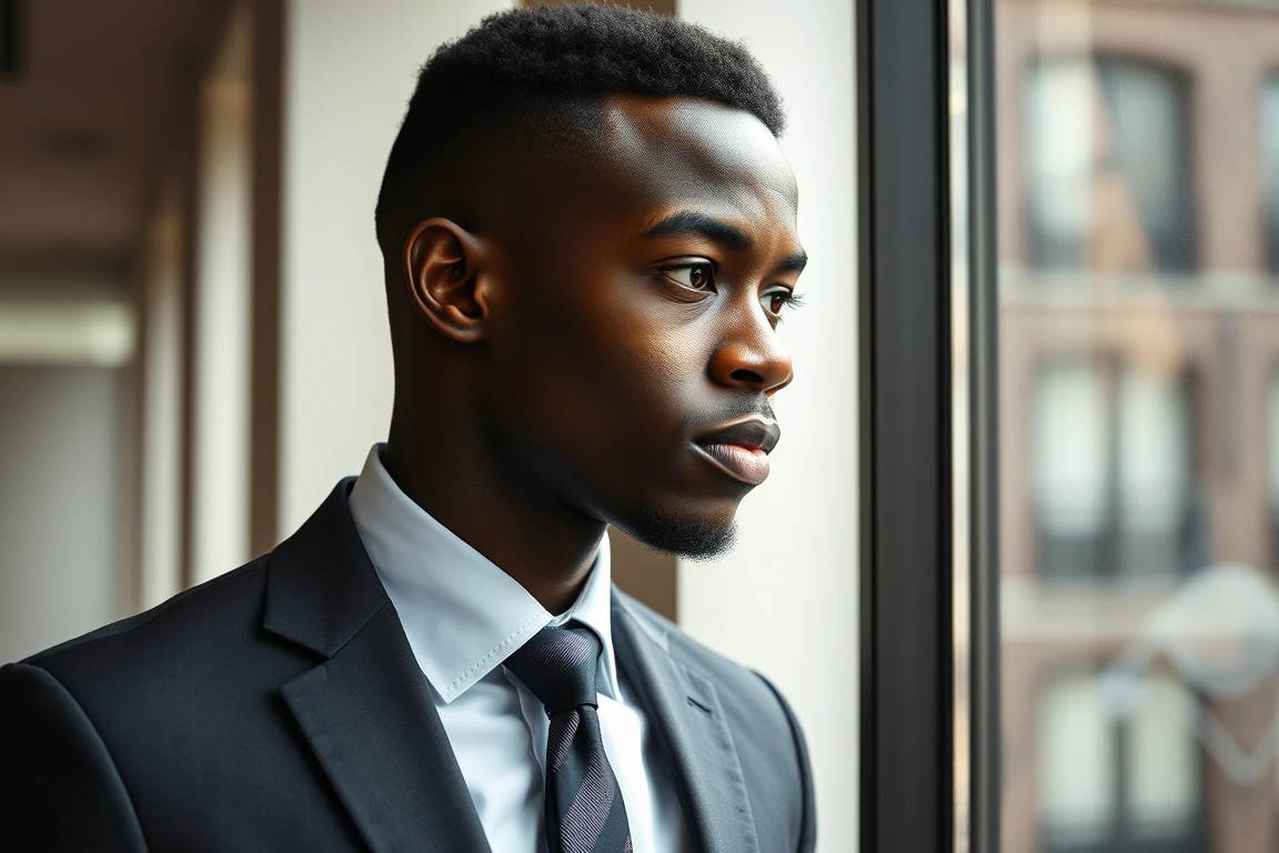 A young black professional standing inside a modern corporate office in London.