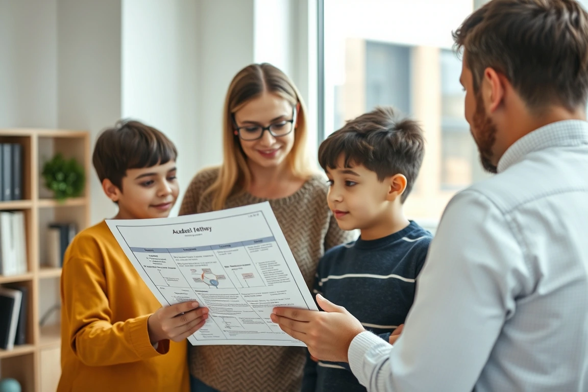 An education adviser presenting a detailed study roadmap to a family in a professional setting.