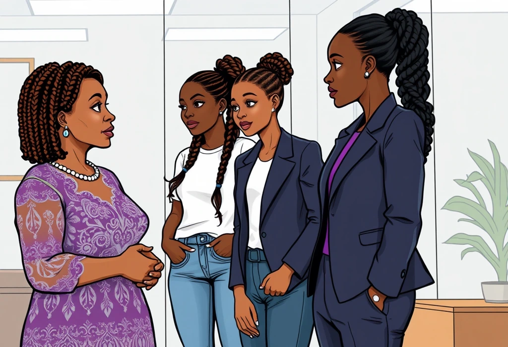 Mrs. Okeke and Chioma plan their next steps safely with Amina. — illustration from the story "The Contrast of Two Receipts"
