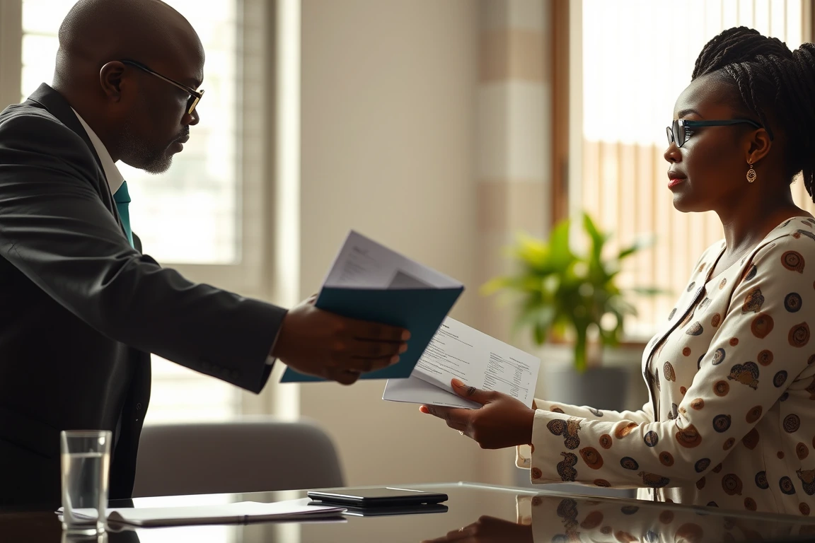 A woman presenting evidence folder to a security investigator in an office.
