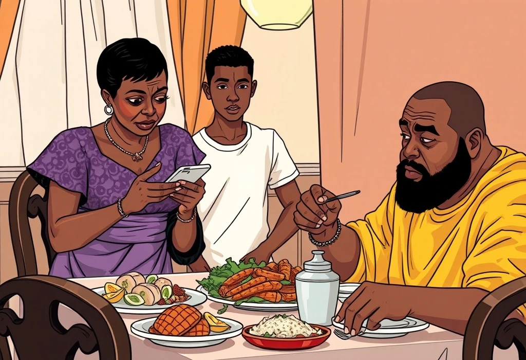 Nike worries over an unverified tuition receipt while Dele continues eating his lunch. — illustration from the story "The Sunday Roast and the Missing Pounds"