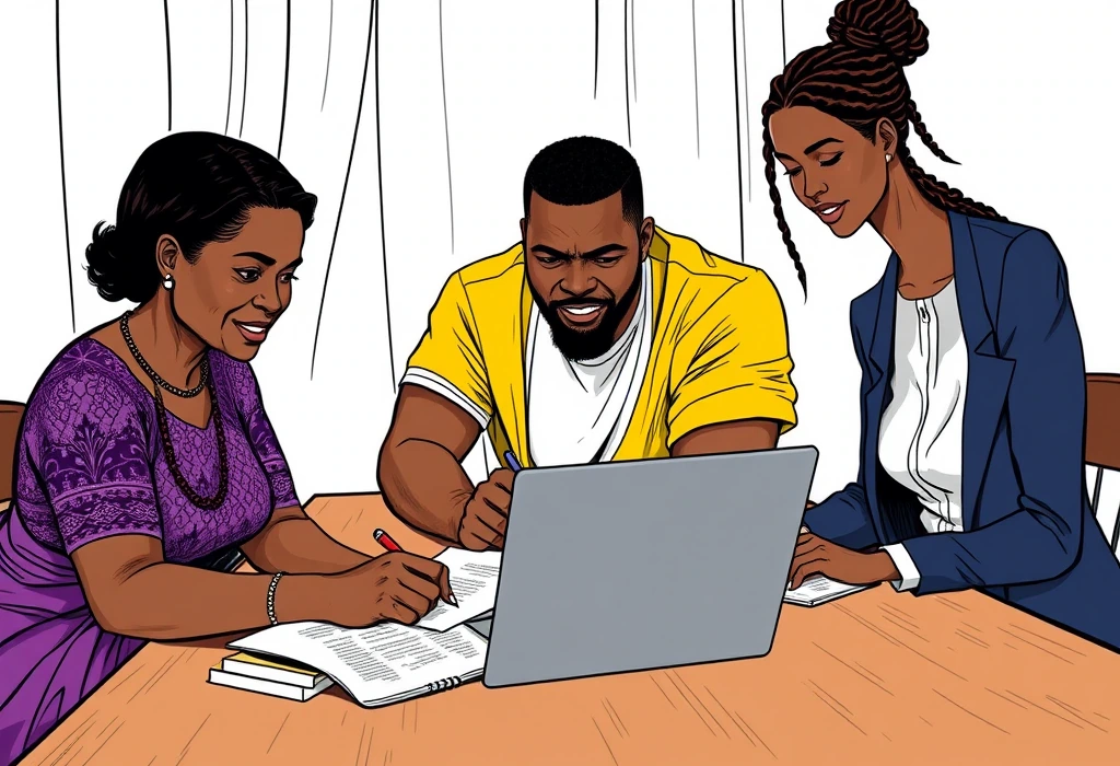 The family drafts an EFCC report with Kemi's guidance to recover their funds. — illustration from the story "The Sunday Roast and the Missing Pounds"