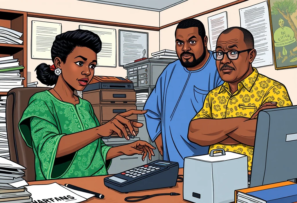 Mr. Pius pushes an expensive UK programme in his Allen Avenue office. — illustration from the story "The Road Untravelled"