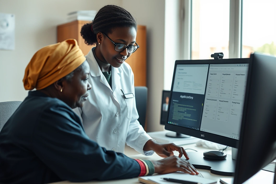 A professional counsellor explaining application progress charts to a Nigerian mother.