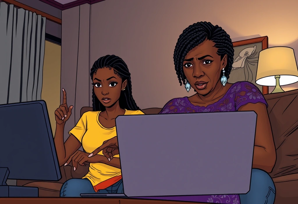 Beatrice points at the red warning alert flashing on Simi's laptop screen. — illustration from the story "The False Alarm and the Real Forgery"