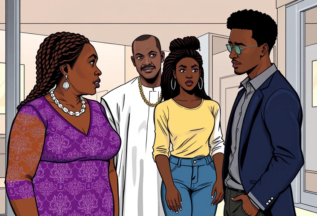 Beatrice and Jimi confront Tolani in the lobby of the Dhub Education office. — illustration from the story "The False Alarm and the Real Forgery"