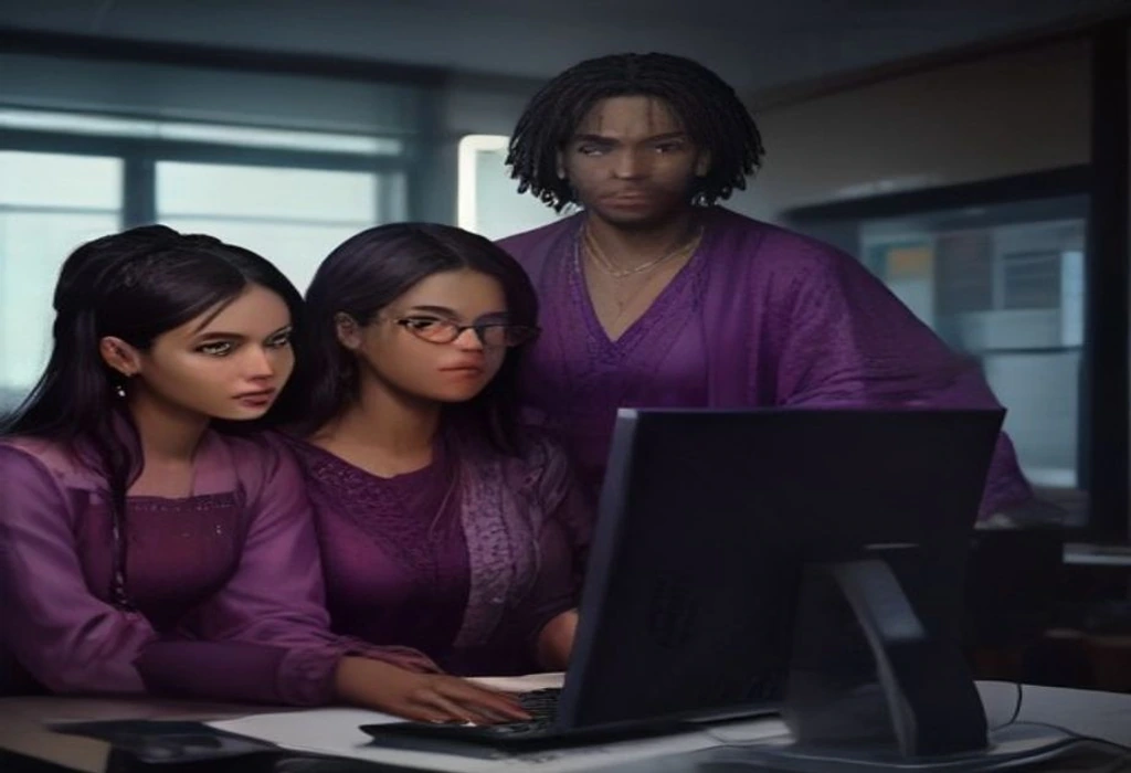 Tolani explains the secure verification dashboard to Beatrice and Jimi in his office. — illustration from the story "The False Alarm and the Real Forgery"