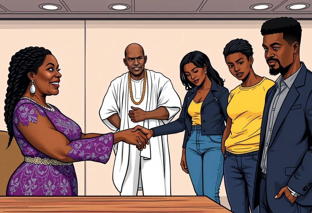 Beatrice thanks Tolani for saving Simi from a devastating visa ban. — illustration from the story "The False Alarm and the Real Forgery"
