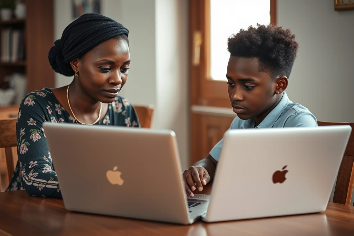 A mother and son reviewing university program data together in Lagos.