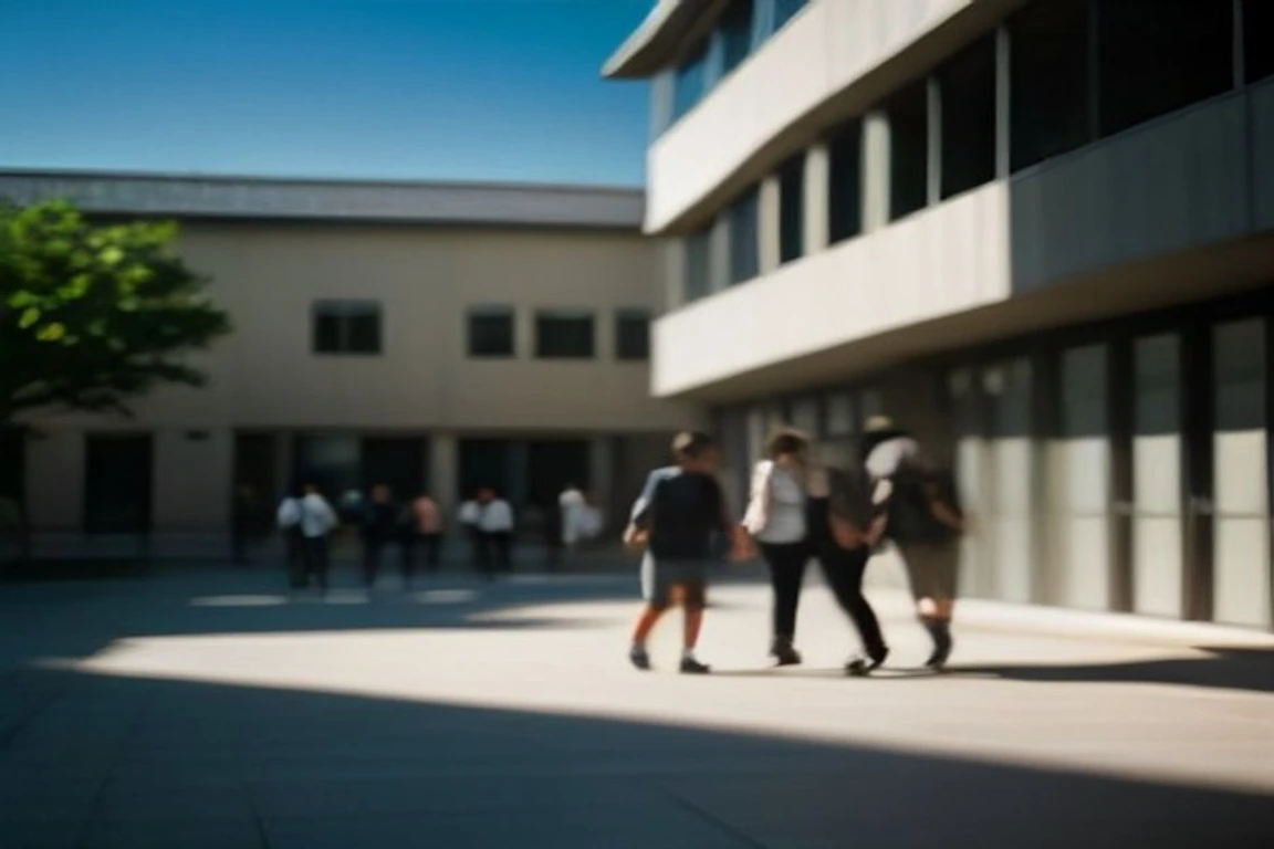 International students walking on a modern university campus courtyard.