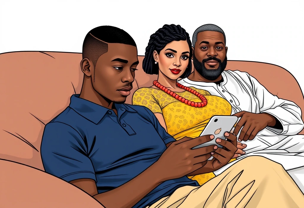 Uchenna receives a high-pressure broadcast from Uncle Emeka about study-abroad programmes. — illustration from the story "The Backwards Blueprint"