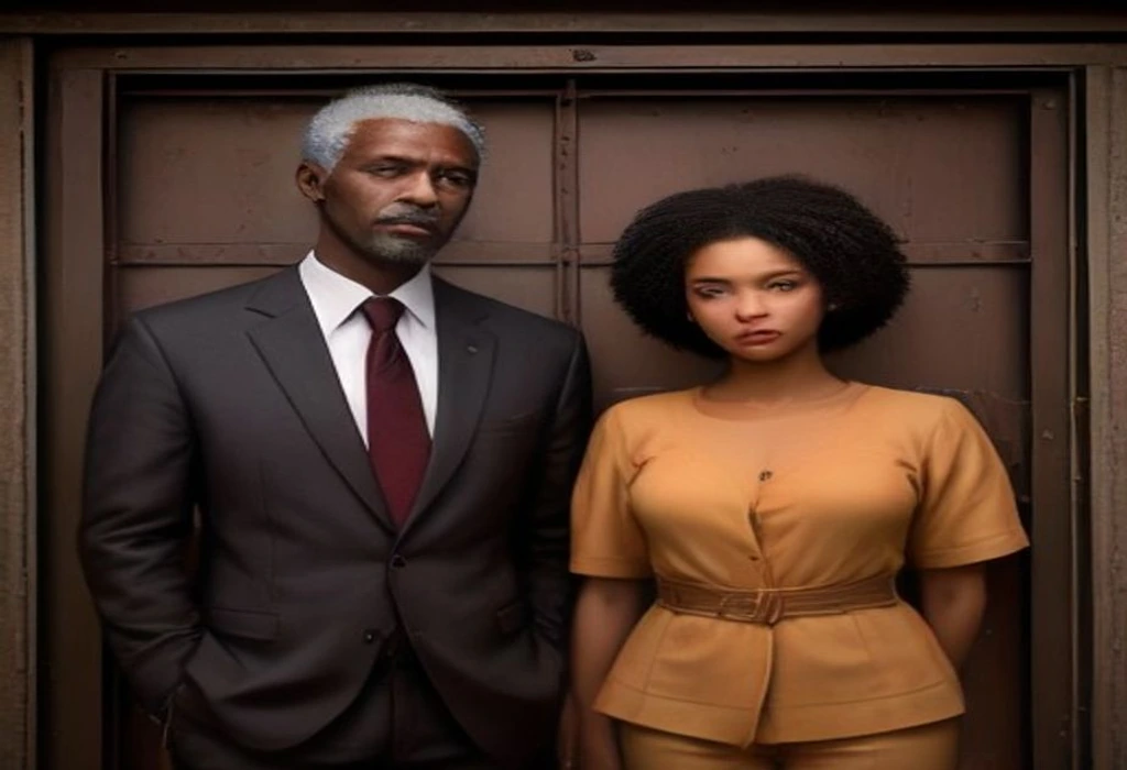 Mr. Kenneth Nze and Amara stand before the locked office gate. — illustration from the story "The Ghost in the Office Block"