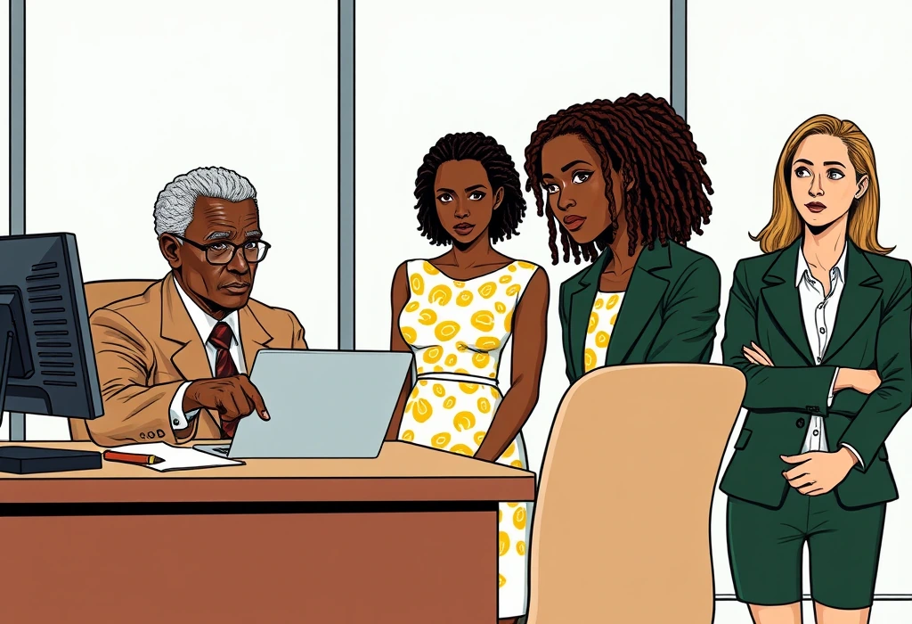 Linda Ojo shows the family the empty accreditation search results. — illustration from the story "The Ghost in the Office Block"