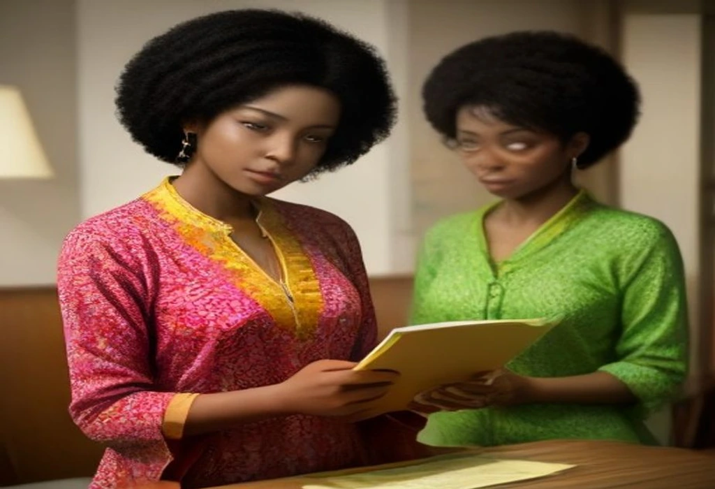 Osas urges his mother to pay while Mrs. Igbinovia examines the suspicious document. — illustration from the story "The Price of Haste"